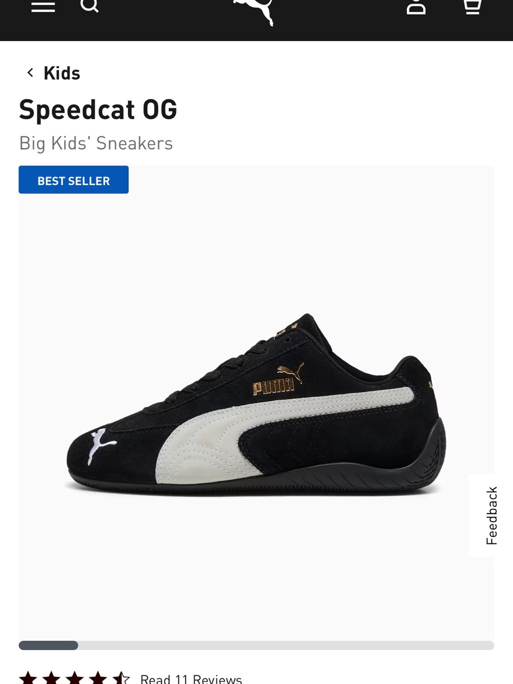 Puma Speedcat OG Kids' Sneakers in Black, White & Gold size 2C